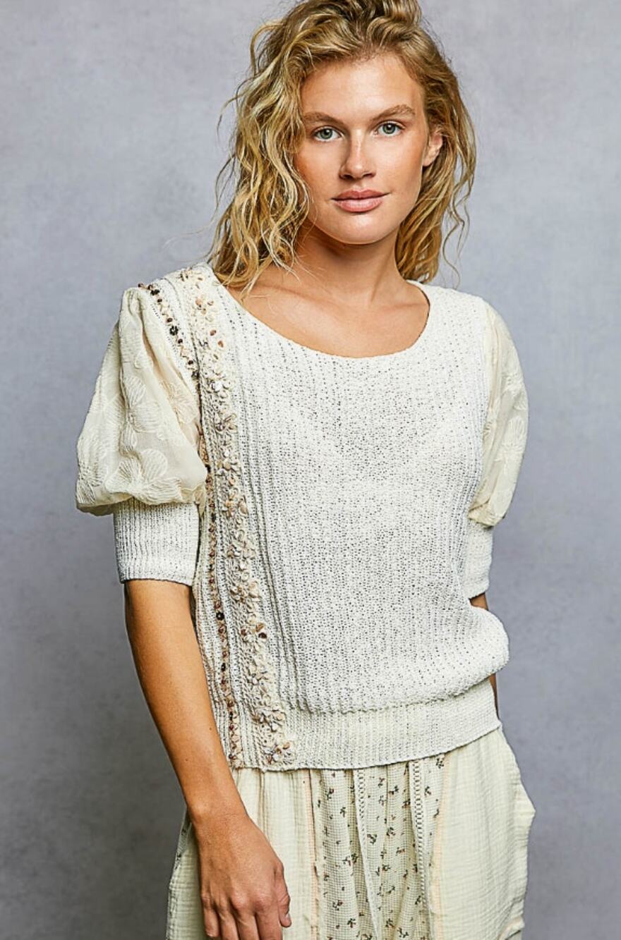 POL Cream Beaded Trim Floral Puff Sleeve Sweater Size L - Romantic